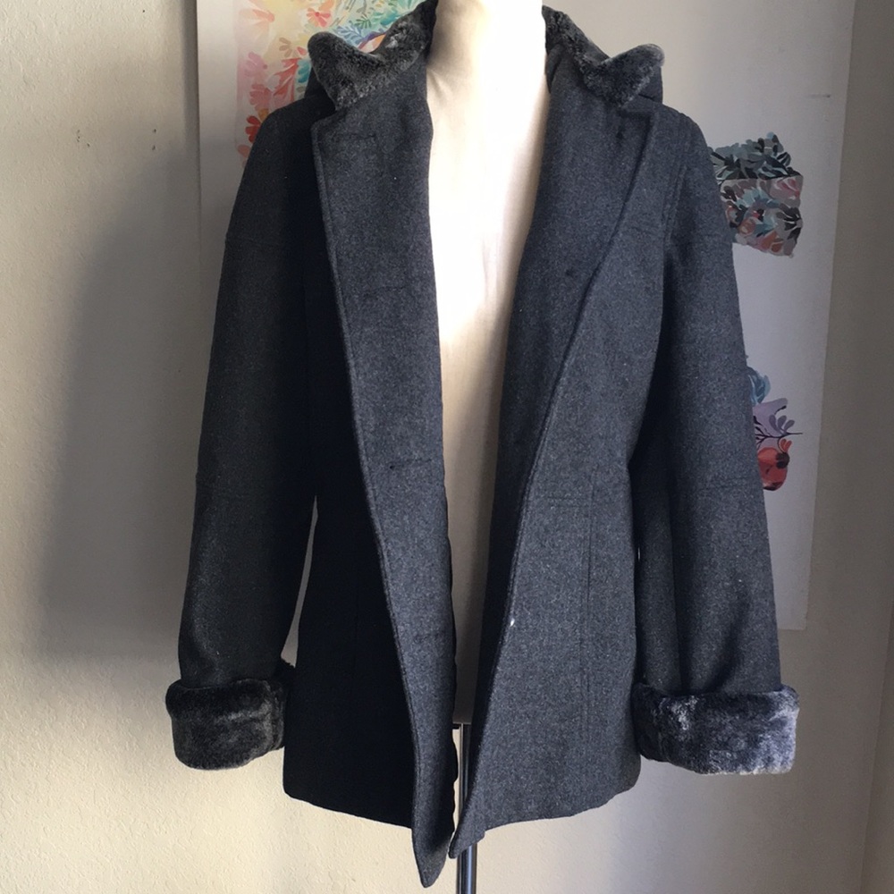Braetan Dark Charcoal Gray Pea Coat with Faux Fur Trim